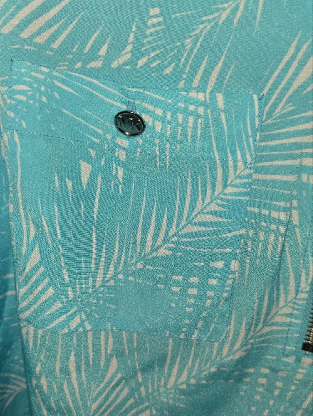 Michael Kors Light Blue and White Palm-Print Zip Front Blouse